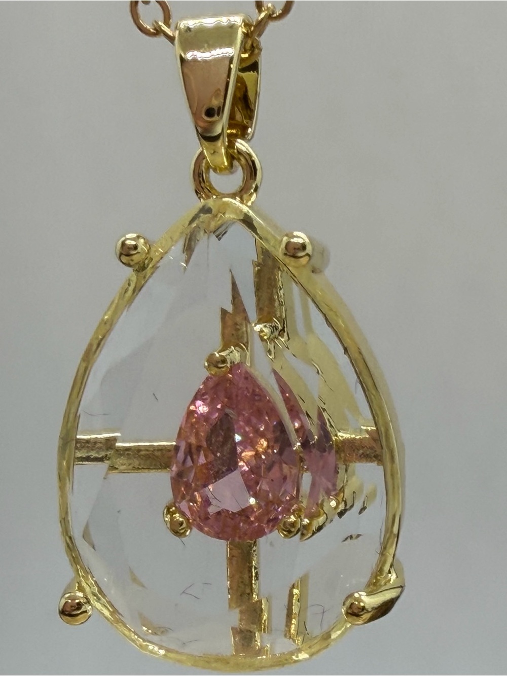 Gold Teardrop Pendant Necklace with Pink Center Stone